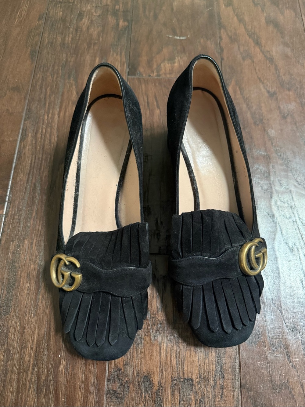Gucci Black Suede Fringe Loafers with Brass Double-G